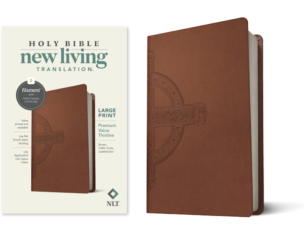 Cover image for NLT Large Print Premium Value Thinline Bible, Filament Enabled (Leatherlike, Brown Celtic Cross), isbn: 9781496458087