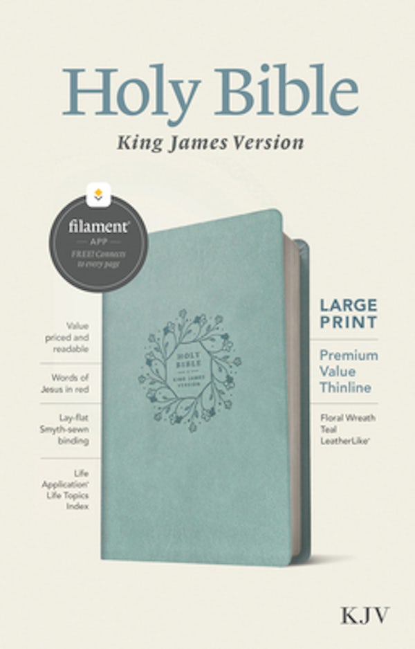 Cover image for KJV Large Print Premium Value Thinline Bible, Filament Enabled (Leatherlike, Floral Wreath Teal, Red Letter), isbn: 9781496460554