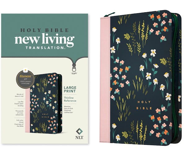 Cover image for NLT Large Print Thinline Reference Zipper Bible, Filament Enabled (Leatherlike, Meadow Navy & Pink, Red Letter), isbn: 9781496466259