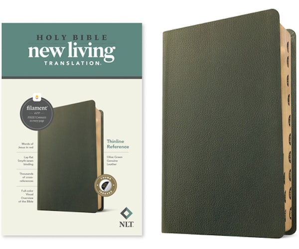 Cover image for NLT Thinline Reference Bible, Filament Enabled (Genuine Leather, Olive Green, Indexed, Red Letter), isbn: 9781496474148