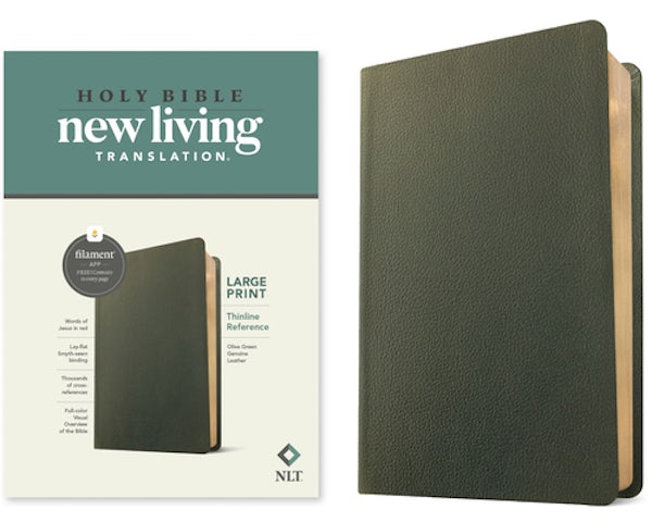 Cover image for NLT Large Print Thinline Reference Bible, Filament Enabled (Genuine Leather, Olive Green, Red Letter), isbn: 9781496474162