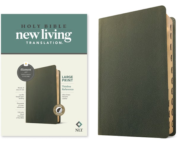 Cover image for NLT Large Print Thinline Reference Bible, Filament Enabled (Genuine Leather, Olive Green, Indexed, Red Letter), isbn: 9781496474186