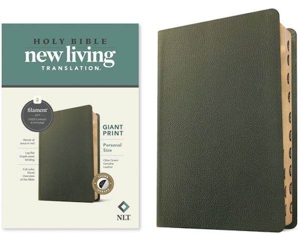 Cover image for NLT Personal Size Giant Print Bible, Filament Enabled (Genuine Leather, Olive Green, Indexed, Red Letter), isbn: 9781496474254