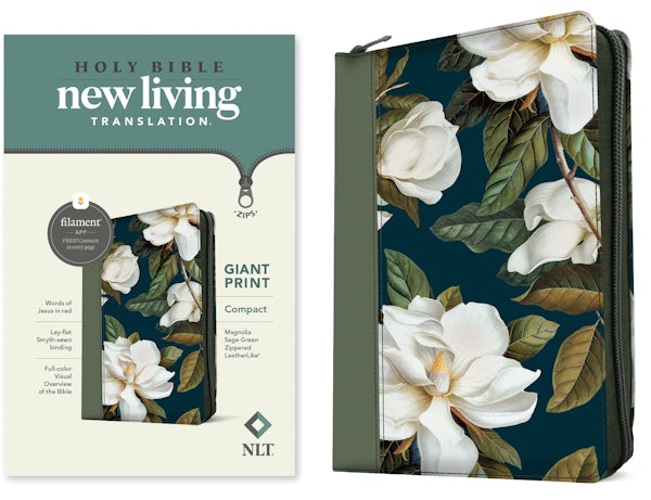 Cover image for NLT Compact Giant Print Zipper Bible, Filament Enabled (Leatherlike, Magnolia Sage Green, Red Letter), isbn: 9781496480118