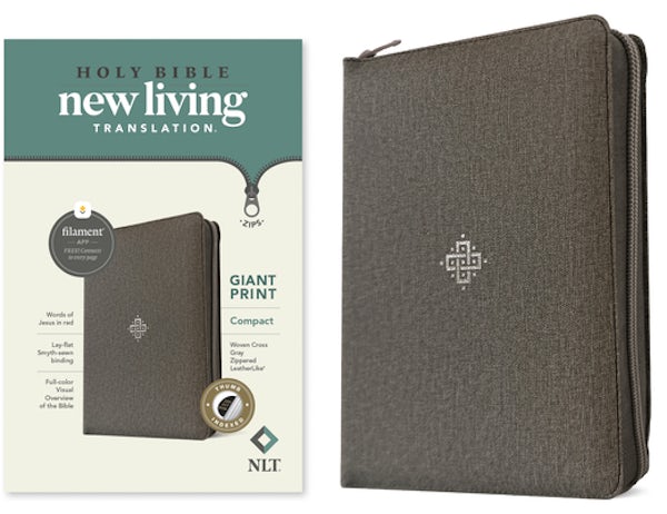 Cover image for NLT Compact Giant Print Zipper Bible, Filament Enabled (Leatherlike, Woven Cross Gray, Indexed, Red Letter), isbn: 9781496480125