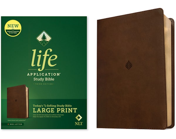 Cover image for NLT Life Application Study Bible, Third Edition, Large Print (Leatherlike, Rustic Brown Leaf, Red Letter), isbn: 9781496483089