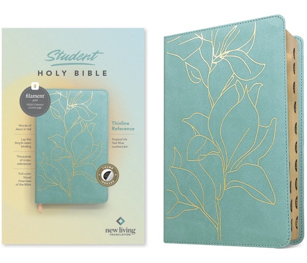 Cover image for NLT Student Bible, Thinline Reference, Filament Enabled (Leatherlike, Tropical Iris Teal Blue, Indexed, Red Letter), isbn: 9781496483942