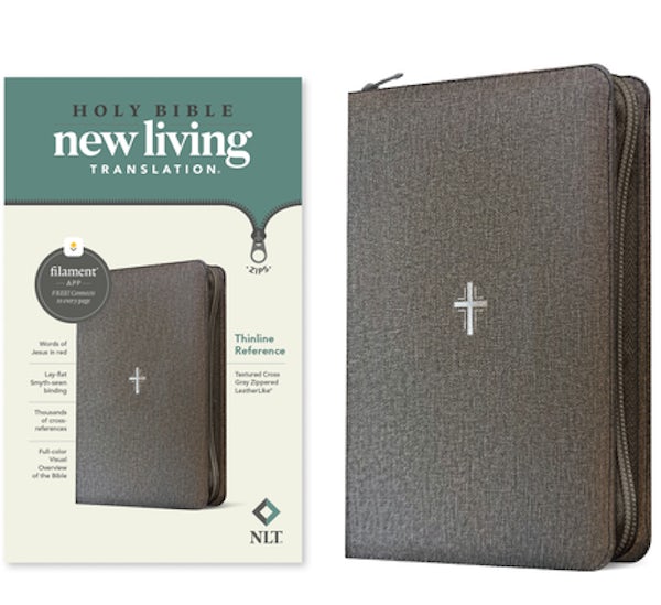 Cover image for NLT Thinline Reference Zipper Bible, Filament Enabled (Leatherlike, Textured Cross Gray, Red Letter), isbn: 9781496489883