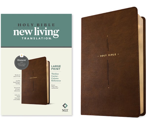 Cover image for NLT Large Print Thinline Center-Column Reference Bible, Filament Enabled (Leatherlike, Brown Holy Cross, Red Letter), isbn: 9781496489920