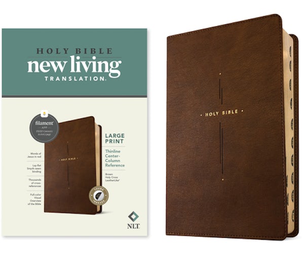 Cover image for NLT Large Print Thinline Center-Column Reference Bible, Filament Enabled (Leatherlike, Brown Holy Cross, Indexed, Red Letter), isbn: 9781496489937