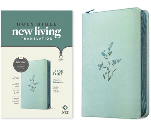 Cover image for NLT Large Print Thinline Reference Zipper Bible, Filament Enabled (Leatherlike, Baby Blue Blossoms, Red Letter), isbn: 9781496490001
