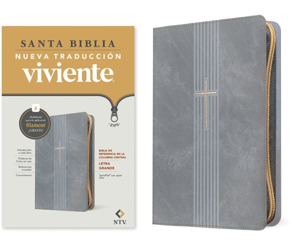 Cover image for Biblia de Referencia En La Columna Central Ntv, Letra Grande de Zíper Con Filament (Sentipiel, Gris, Letra Roja), isbn: 9798400506857