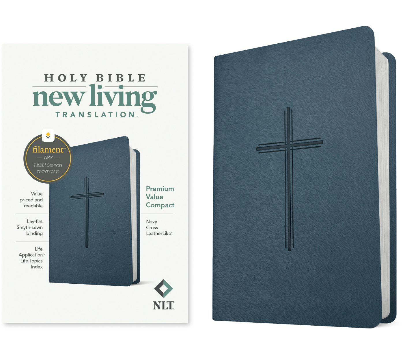 Cover image for NLT Premium Value Compact Bible, Filament Enabled (Leatherlike, Navy Cross), isbn: 9798400509827