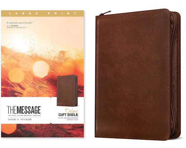 Cover image for The Message Deluxe Gift Zipper Bible, Large Print (Leather-Look, Rustic Brown), isbn: 9798898022464