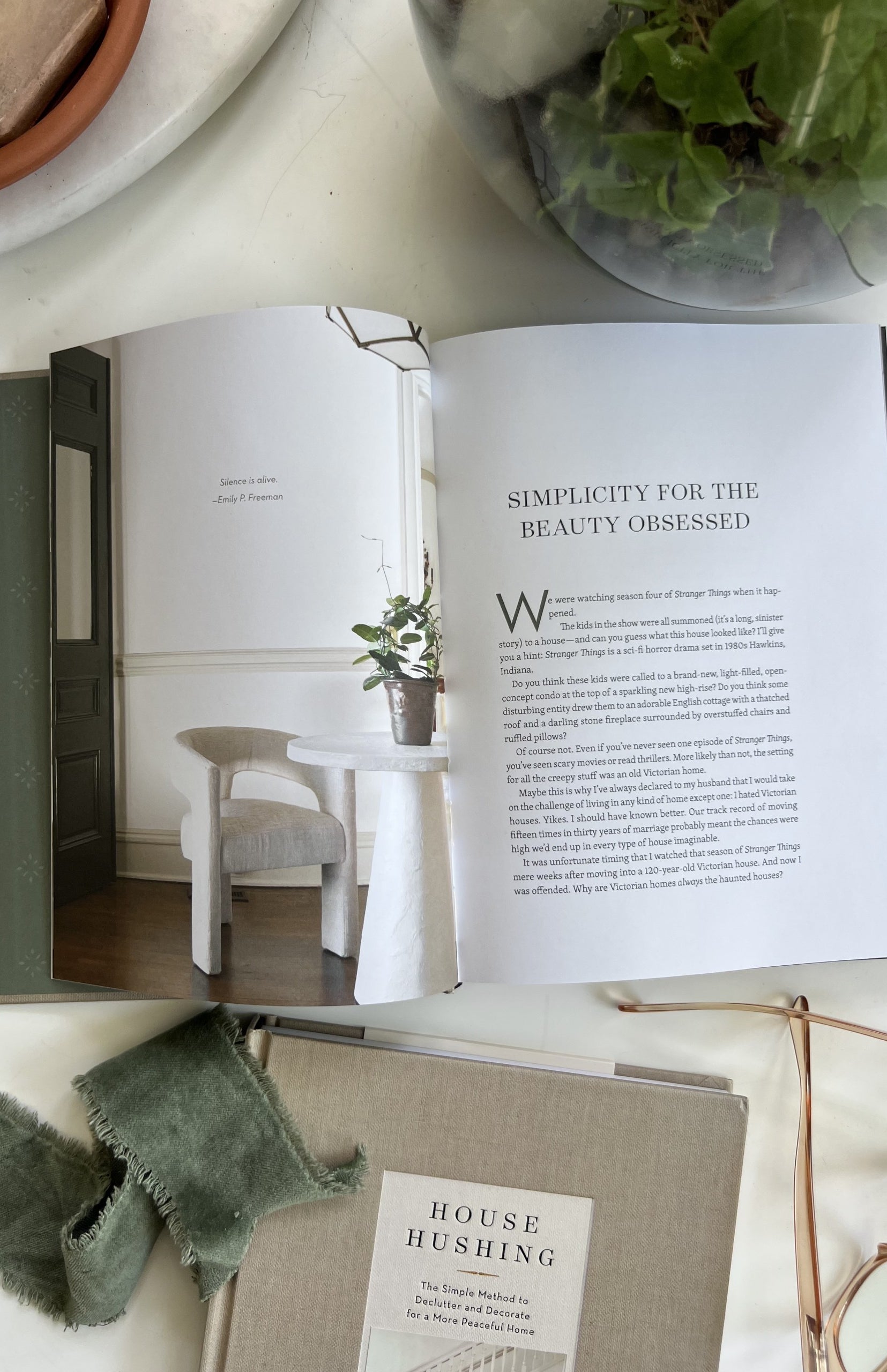 An image of the interior of House Hushing, featuring a chapter titled "Simplicity for the Beauty Obsessed."