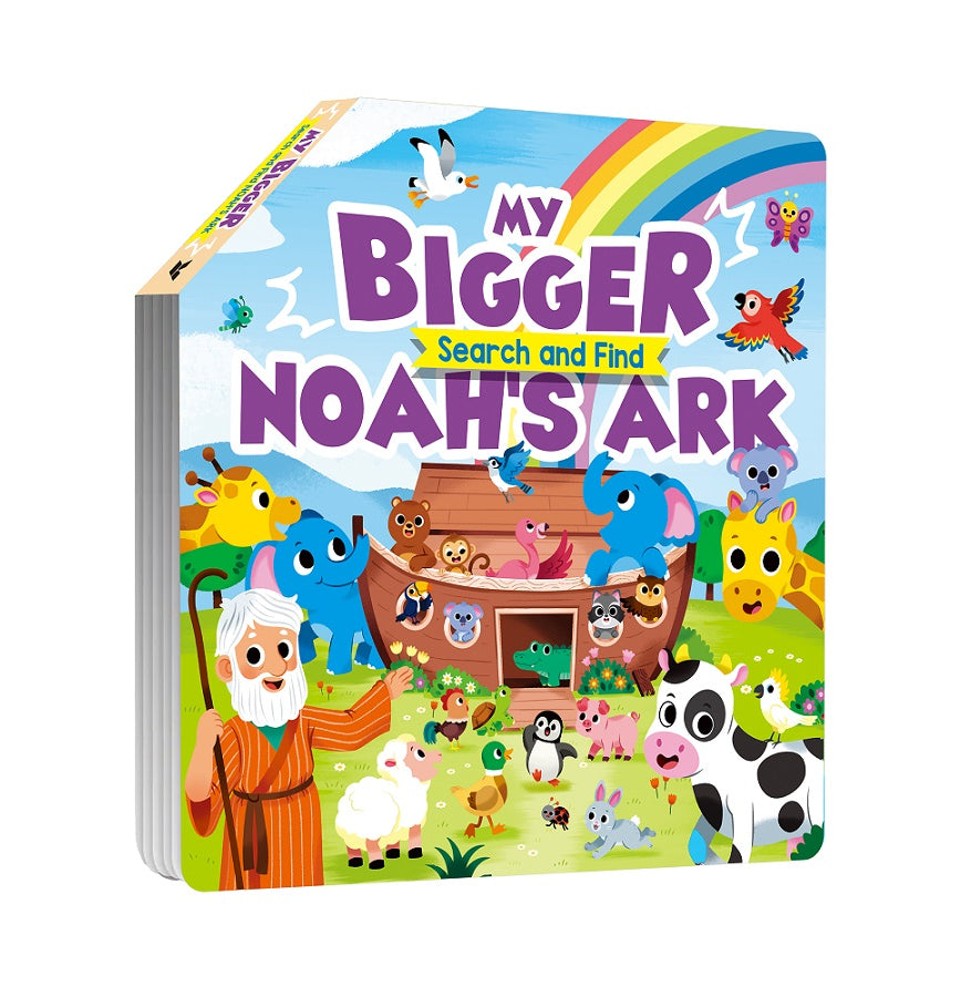 Cover of "My Bigger Search and Find Noah's Ark" On the cover, Noah holds a staff as he guides all sorts of happy animals onto the wooden ark in the background.