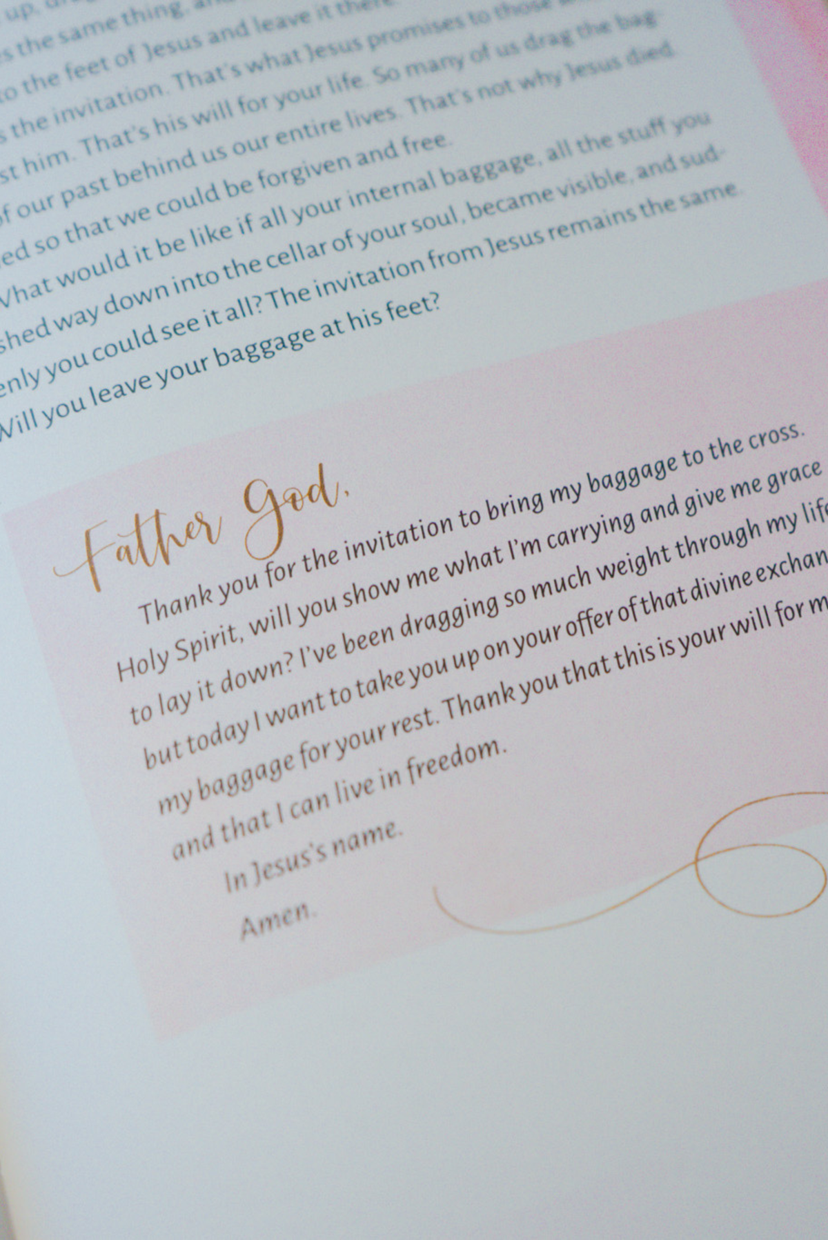 A close-up view of an interior page of "Pray Anyway". In the image, a text box contains a prayer that associates with the chapter.