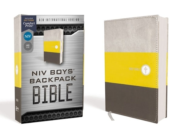 Cover image for Niv, Boys' Backpack Bible, Compact, Leathersoft, Yellow/Gray, Red Letter Edition, Comfort Print, isbn: 9780310455004