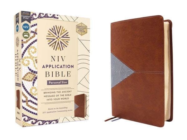 Cover image for NIV Application Bible, Personal Size, Leathersoft, Brown/Blue, Red Letter, Comfort Print, isbn: 9780310465249