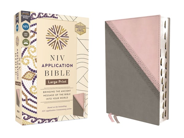 Cover image for NIV Application Bible, Large Print, Leathersoft, Pink/Gray, Red Letter, Thumb Indexed, Comfort Print, isbn: 9780310465348