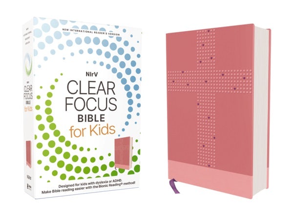 Cover image for Nirv, Clear Focus Bible for Kids (Help Kids with ADHD or Dyslexia Read with Confidence), Leathersoft, Pink, isbn: 9780310467595