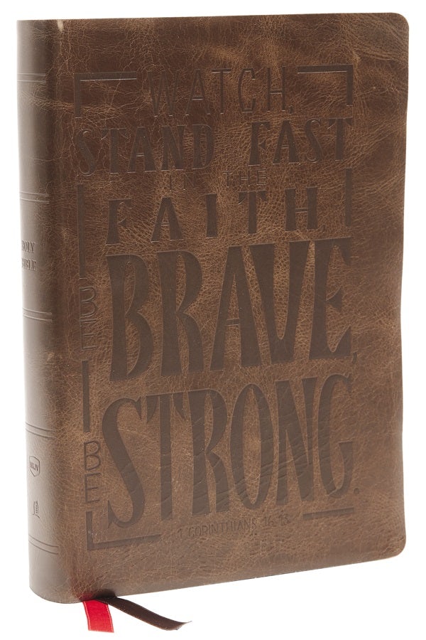 Cover image for Nkjv, Giant Print Center-Column Reference Bible, Verse Art Cover Collection, Genuine Leather, Brown, Thumb Indexed, Red Letter, Comfort Print, isbn: 9780785292807