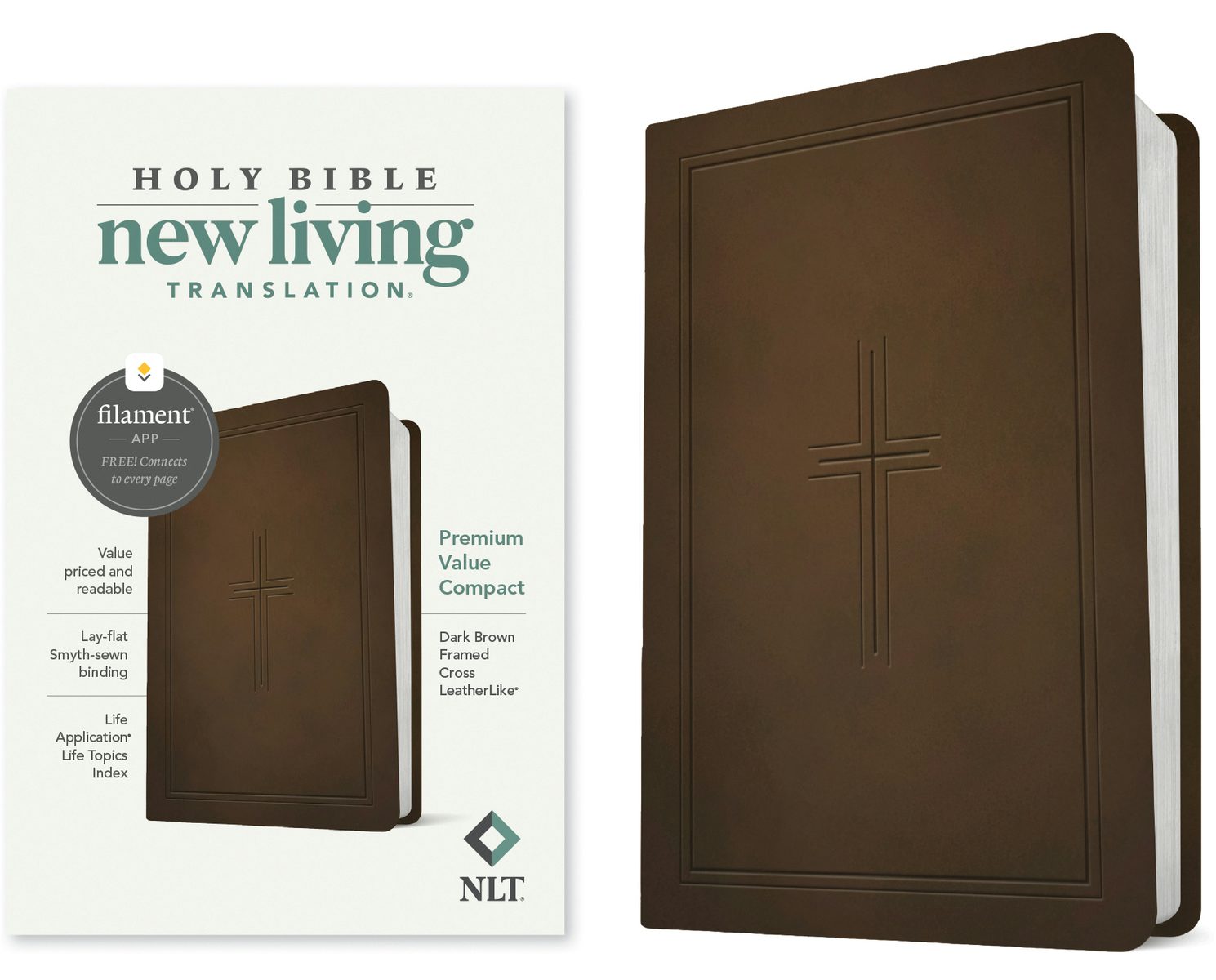 Cover image for NLT Premium Value Compact Bible, Filament Enabled (Leatherlike, Dark Brown Framed Cross), isbn: 9781496479303