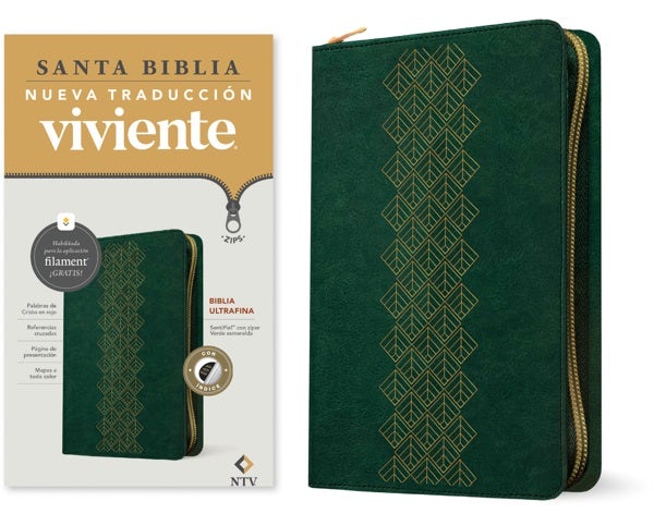Cover image for Biblia Ultrafina Ntv de Zíper, Con Filament (Sentipiel, Verde Esmeralda, Índice, Letra Roja), isbn: 9781496486820
