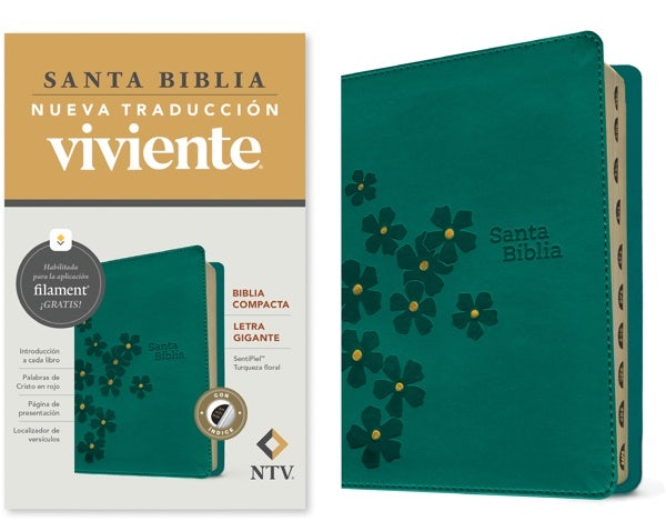 Cover image for Biblia Compacta Ntv, Letra Gigante Con Filament (Sentipiel, Turquesa Floral, Índice, Letra Roja), isbn: 9781496489661