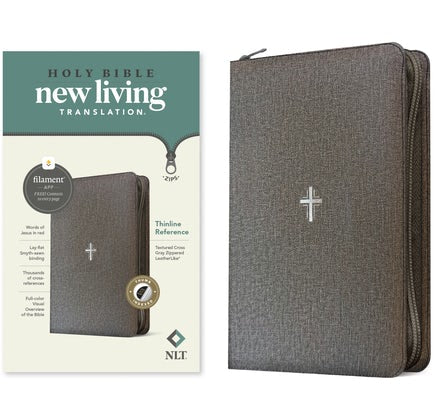 Cover image for NLT Thinline Reference Zipper Bible, Filament Enabled (Leatherlike, Textured Cross Gray, Indexed, Red Letter), isbn: 9781496489890