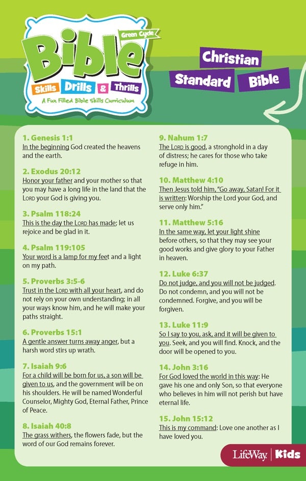 Cover image for Bible Skills Drills and Thrills: Green Cycle - CSB Verse Cards (Package of 10), isbn: 9781535959353