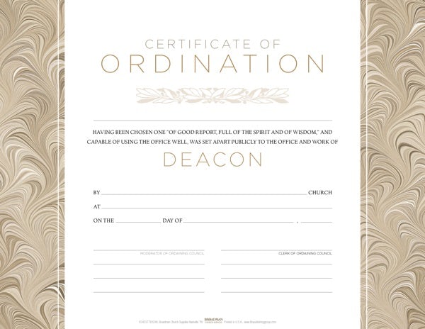 Cover image for Certificate of Ordination for Deacon - Flat Opaque (Package of 6), isbn: 9781535999304