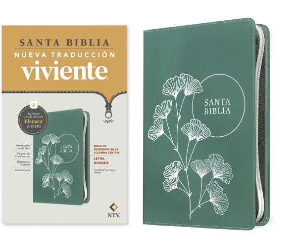 Cover image for Biblia de Referencia En La Columna Central Ntv, Letra Grande de Zíper Con Filament (Sentipiel, Verde, Letra Roja), isbn: 9798400506871