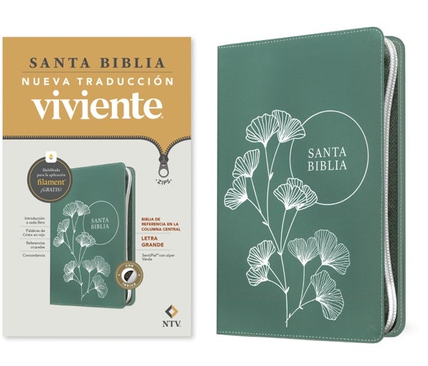 Cover image for Biblia de Referencia En La Columna Central Ntv, Letra Grande de Zíper Con Filament, Design 4 Tbd (Sentipiel, Verde, Índice, Letra Roja), isbn: 9798400506888