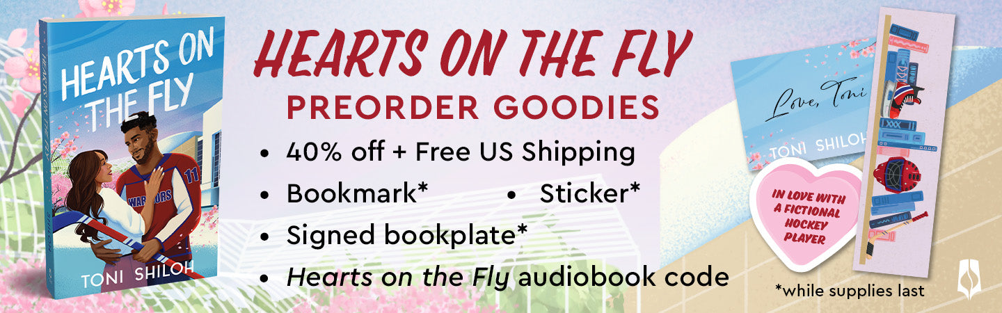"Hearts on the Fly" Pre-Order Goodies: 40% off, free U.S. shipping, bookmark*, sticker*, signed bookplate*, and "Hearts on the Fly" audiobook code. *While supplies last.