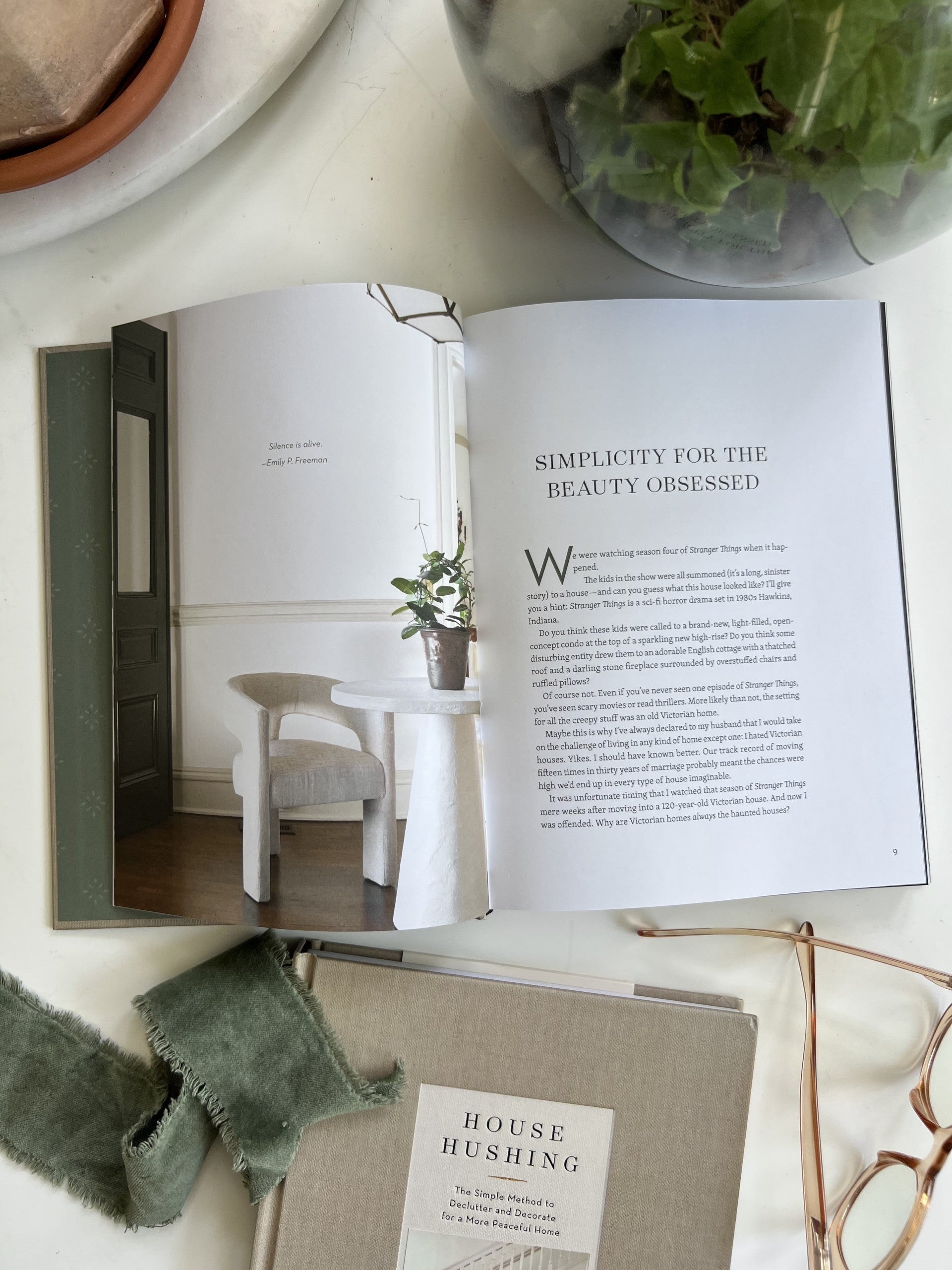 An image of the interior of House Hushing, featuring a chapter titled "Simplicity for the Beauty Obsessed."