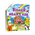 Cover of "My Bigger Search and Find Noah's Ark" On the cover, Noah holds a staff as he guides all sorts of happy animals onto the wooden ark in the background.
