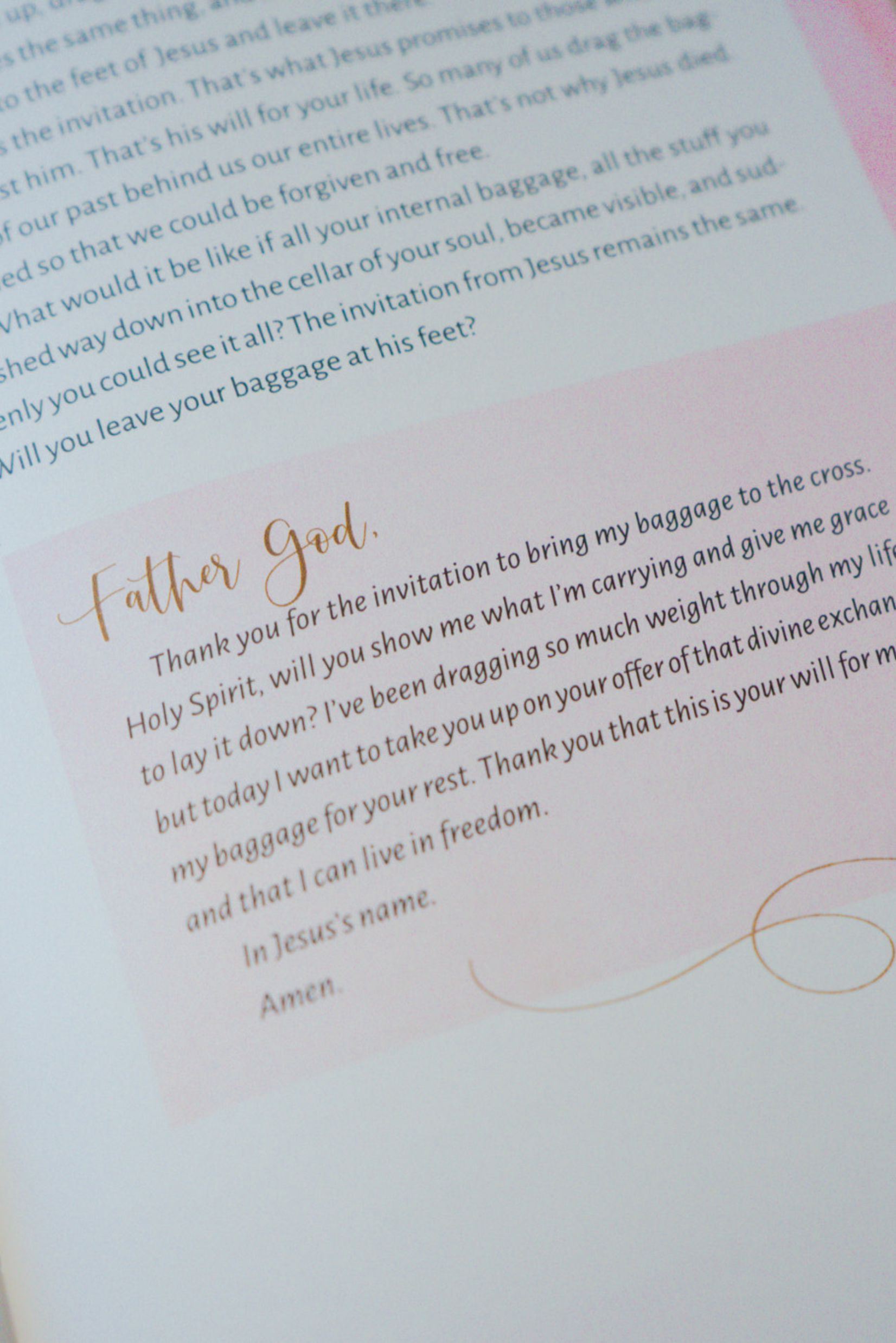 A close-up view of an interior page of "Pray Anyway". In the image, a text box contains a prayer that associates with the chapter.