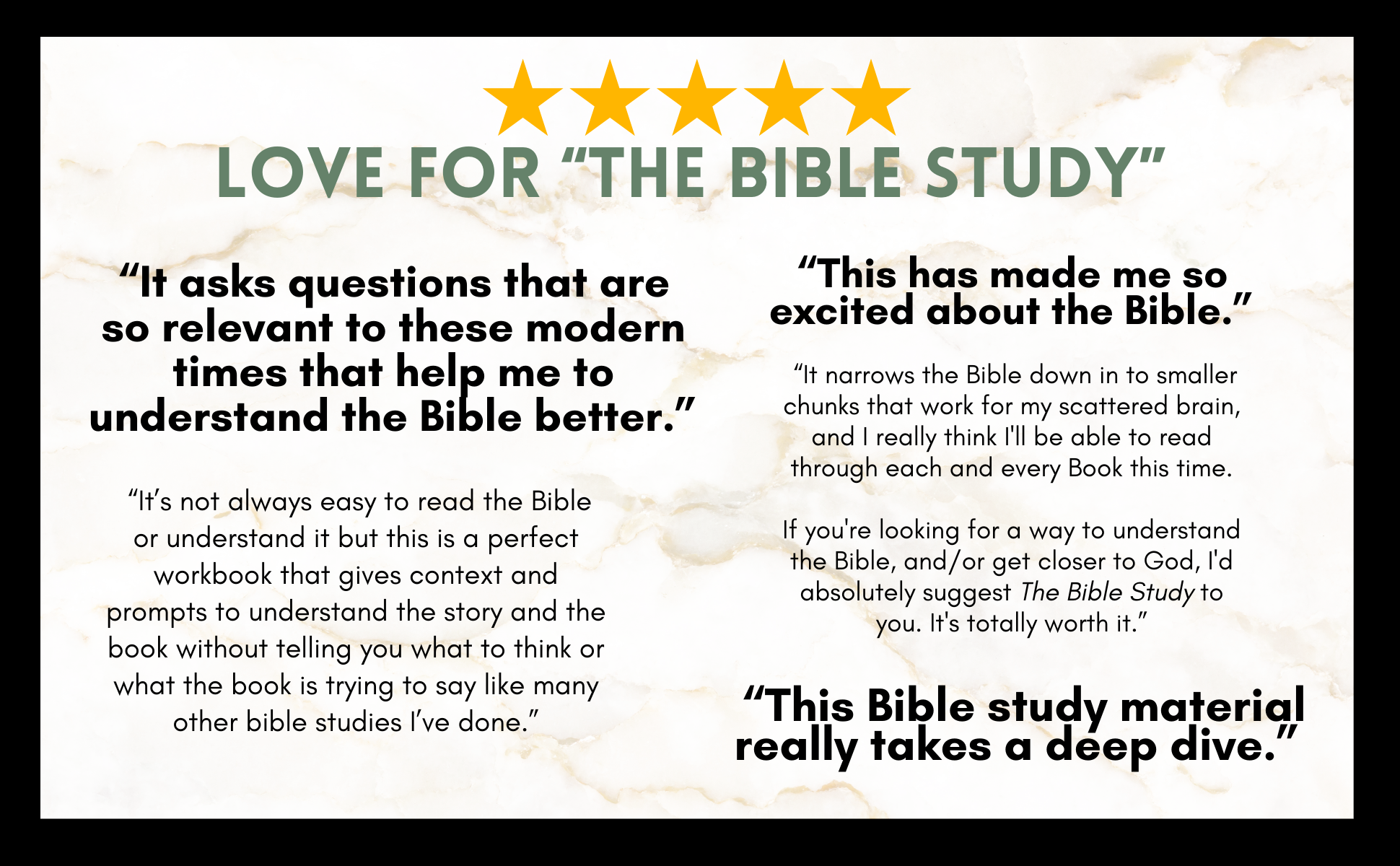 A variety of positive reviews for "The Bible Study"