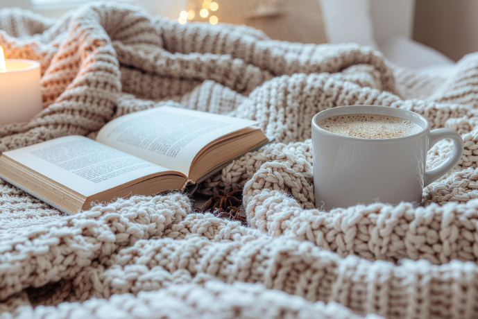 A cup of coffee and an open book lay snuggled on a knitted blanket. In the background, small candles provide soft ambient light.