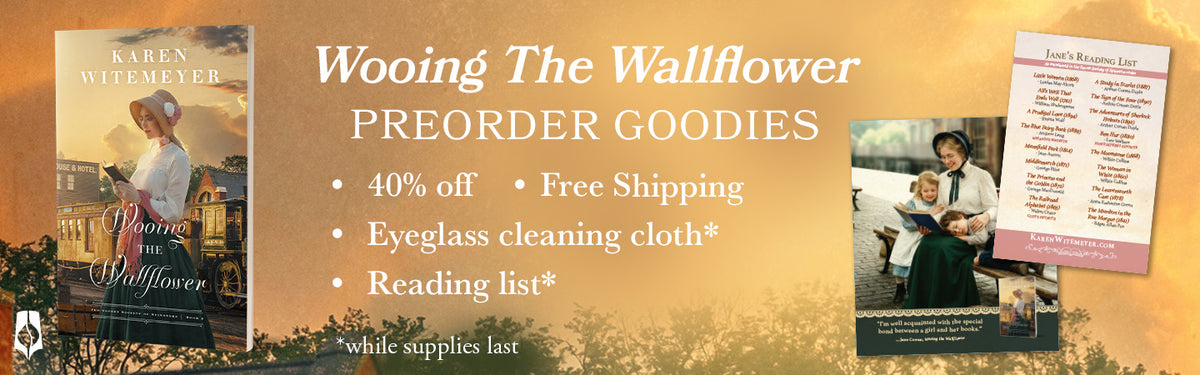 "Wooing the Wallflower" pre-order goodies: 40% off, free U.S. shipping, eyeglass cleaning cloth*, and reading list*. *While supplies last.
